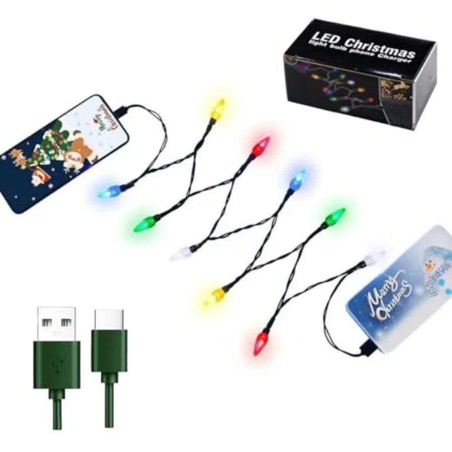 

Christmas Light Phone Charger Cable Charging Cord, Holiday Lights Bulb Charging for car, USB-A to Type-C 55"/10 LED Compatible