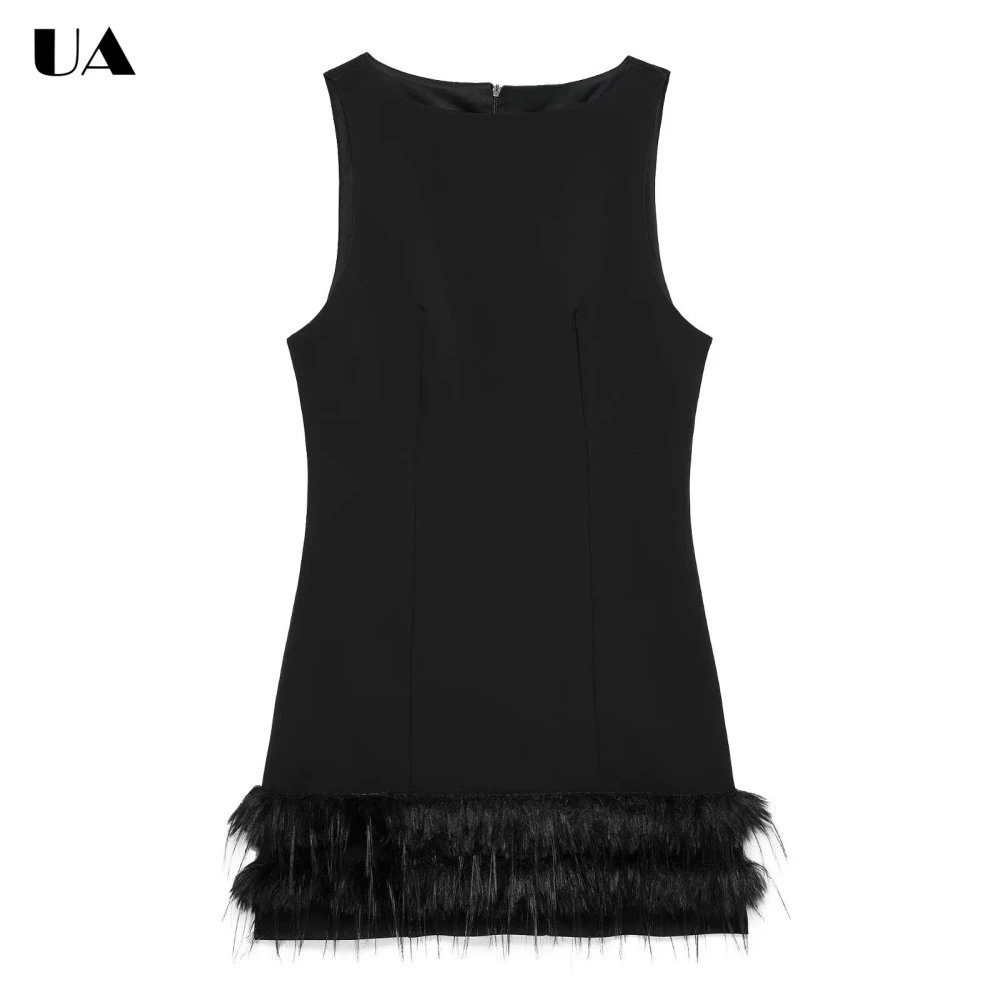 

Trendy Sheath O-neck Mini Dress with Feather, Hotsweet Sleeveless Short Dress for Woman, Fashionable Solid Cocktail Party Dress