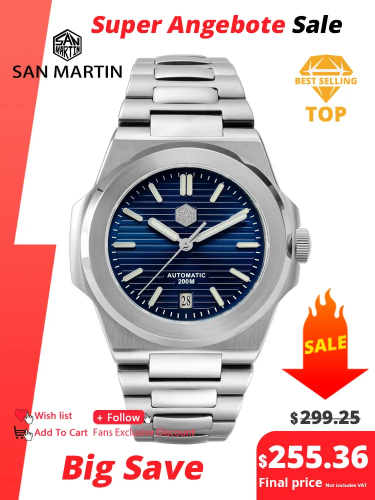 San Martin 42มม. นาฬิกาดำน้ำสำหรับผู้ชาย, นาฬิกากลไกอัตโนมัติหรูหราคลาสสิกกันน้ำไพลิน200M relogio