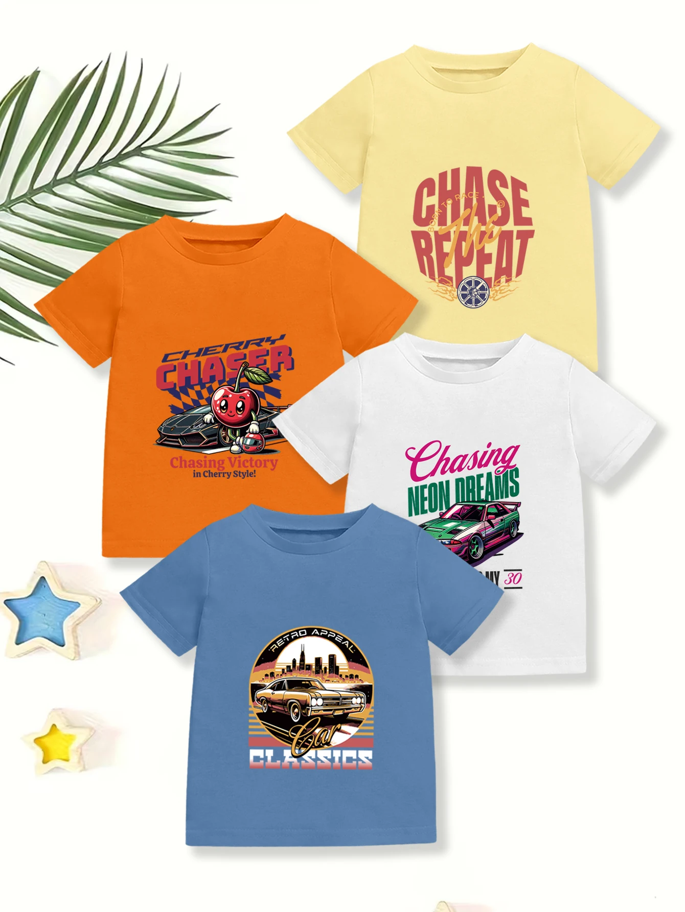 4 pieces: Boys Daily Casual T-shirt Cherry Sports Car English Print Summer Tee
