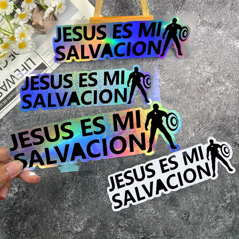 

1pc "Jesus Es Mi Salvacion" Holographic Christian Sticker, Waterproof UV-resistant Self-adhesive Decal for Motorcycle, Laptop