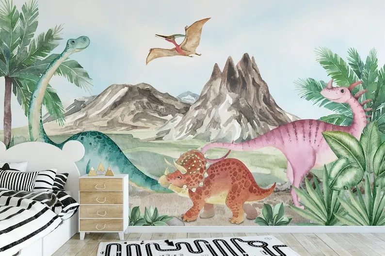 Watercolor Dinosaurs Kids Colorful Wallpaper | Cute Trex Jurassic World Wall Mural Peel and Stick | Prehistory Animals Nursery W