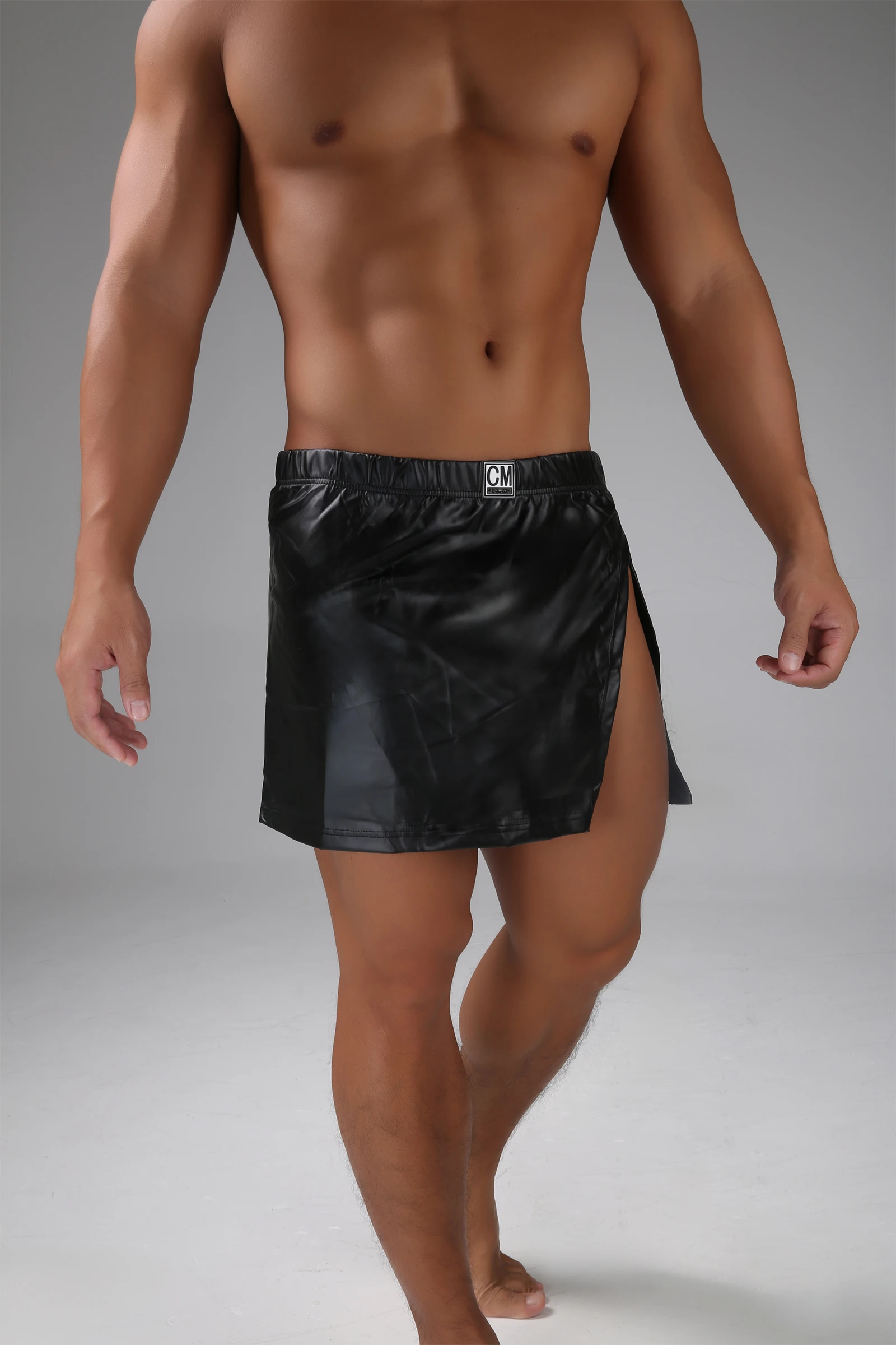 Sexy Faux Leather Men Erotic Panties Boxer Shorts Skirt Underwear Lingerie Open Crotch Underpants Side Split