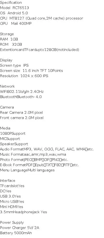 11.6 Inch T10 Android 5.0 RAM 1GB ROM 32GB Dual Camera USB 3.0 WIFI Mini HDMI-Compatible Tablet PC RCT6513 MT8127 Quad Core