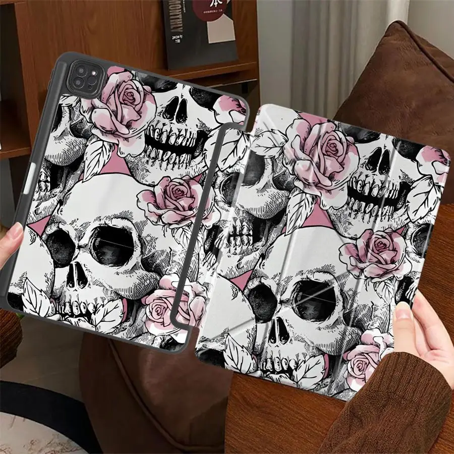 Holder Cover Tablet Case For iPad Mini 6 7 Air 4 5 M3 M2 M4 11inch Pro 11th 10th 9th 8th 7th 12.9inch Pro 2025 Pink Skull