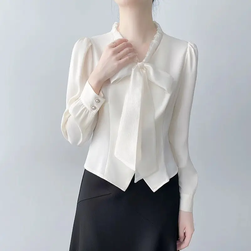 

Bow Beige Shirt for Women 2025 New Spring and Spring Design Niche High-end Long-sleeved Shirt