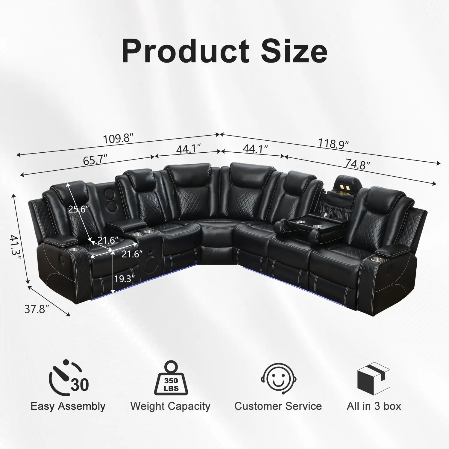 6-Seater Power Recliner Sectional Sofa with Drop-off Table, Faux Leather Electric Sofa Featuring Bass Speaker, LED Light, USB, T