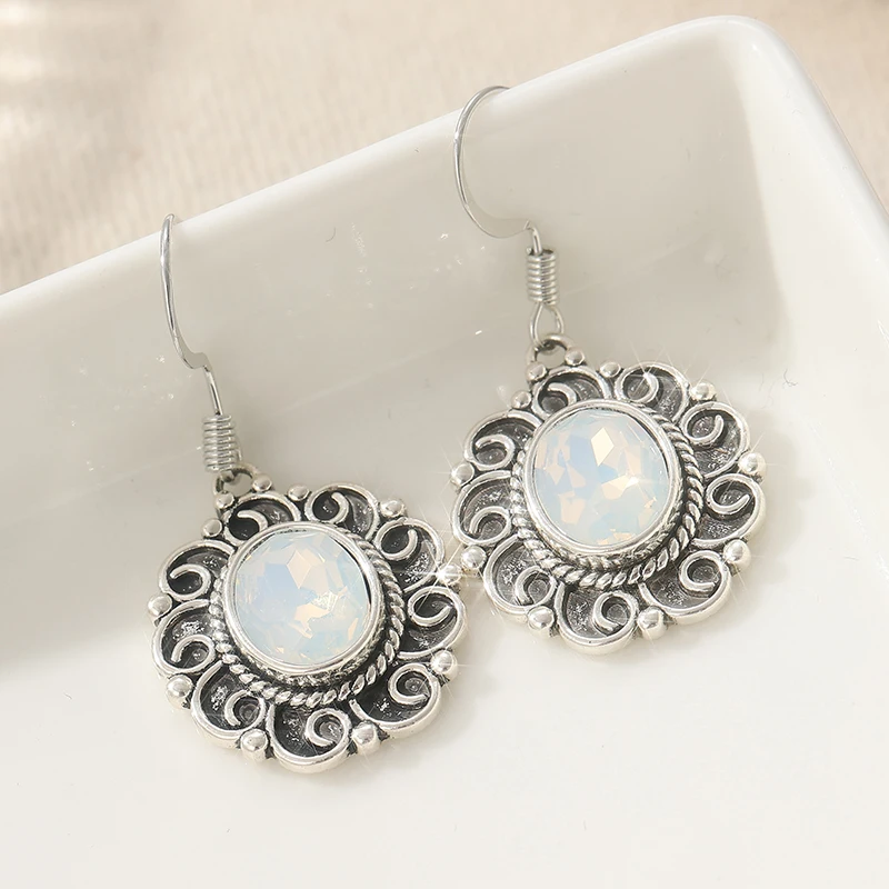 Vintage ovale Imitation-Mondstein-Tropfenohrringe für Frauen, böhmischer ethnischer Stil, Blumenform, Ohrringe, Schmuck, Geschenke, Accessoires