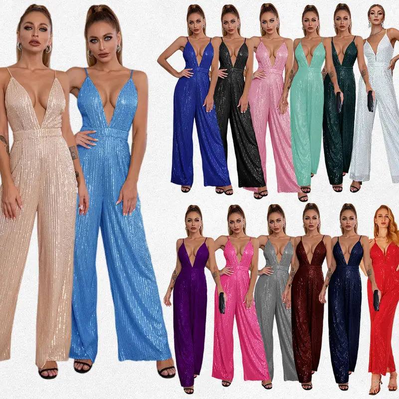

New Summer Women's Deep V Bal iny Sequin One-Piece Pants Svel Strapl Long Polyester Casual Faionable