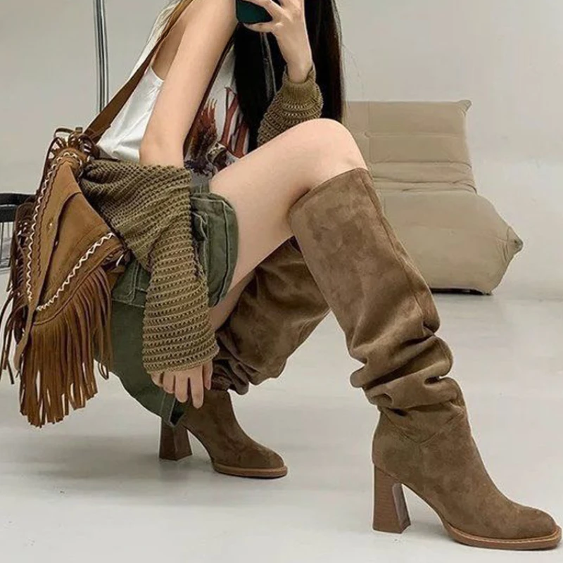 

Slip On Women Western Knee High Boots Fashion Pleated Sewing Pumps Autumn Winter Thick Heel Ladies Modern Long Booties