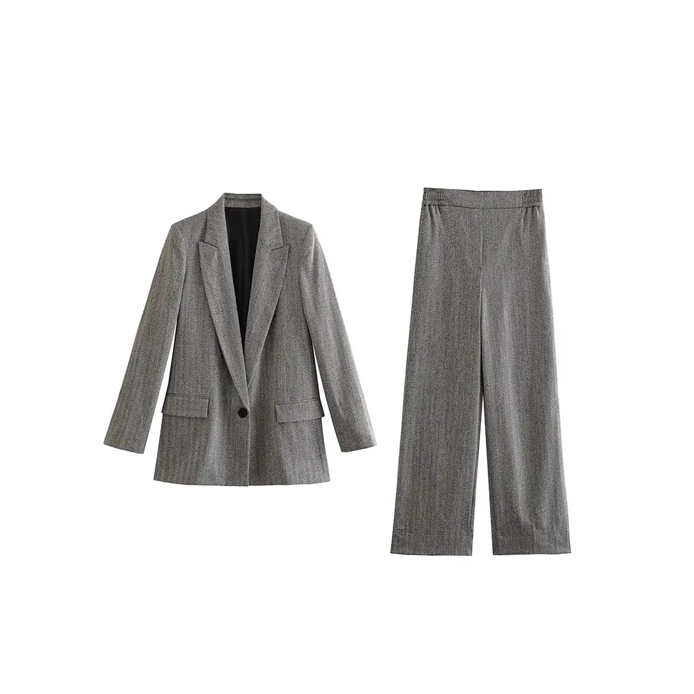 

Женская повседневная куртка из саржи с узором «елочка» и широкие брюки, комплект из двух предметов