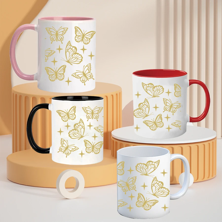 

Керамическая кофейная кружка большого калибра на 11 унций с ручкой и 3D-принтом, золотая бабочка, семейные чашки для напитков, кружки для чая с молоком, милые подарки для вечеринки