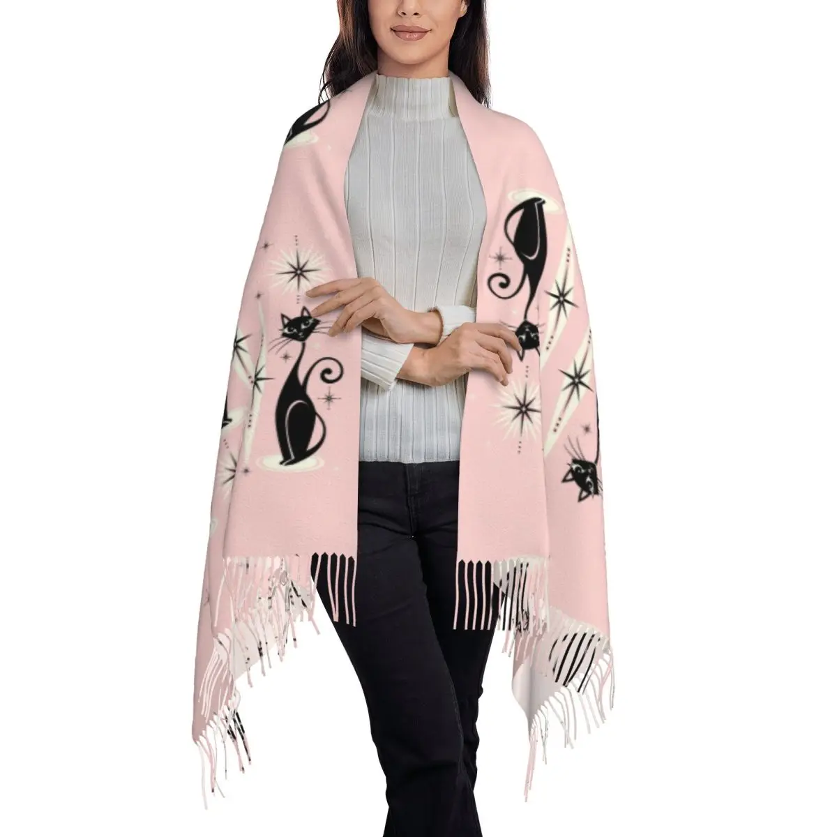 Mid Century Meow Retro Atomic Cats LG Studioxtine Scarf Tassel Scarves Women Soft Warm Shawls and Large Fall Winter Shawl Wraps