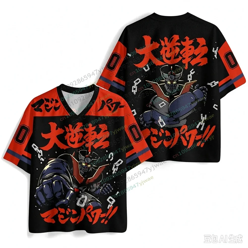 Japanese Mazinger Z Jersey 3d Robot Graphic Short Sleeved Fan Tee V-Neck Fashionable Y2k Top Summer Men Women Beach T-Shirt