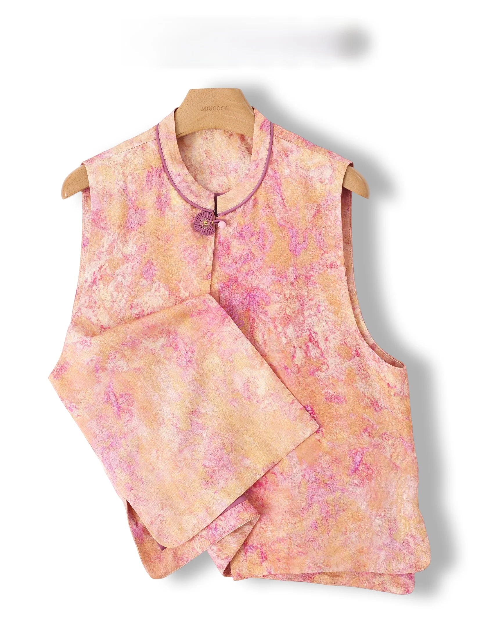 

Chinese Style Women's Vest Stand Collar Button up Retro Artistic Layering Fashionable Printed Outerwear Loose Fit Regular Length