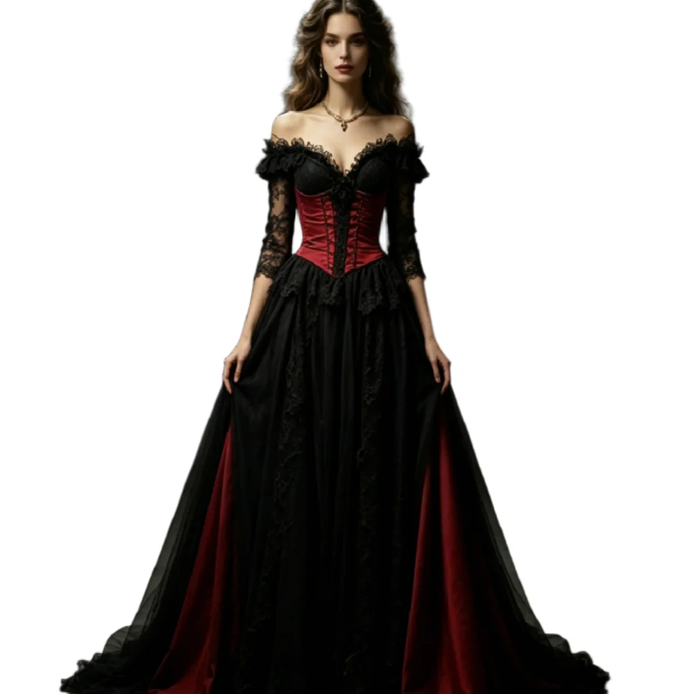 Retro Red Black Contrast Gothic Wedding Dress Off Shoulders Vampire Halloween Bridal Gowns 2026 Celtic Bohemian Lace Bride