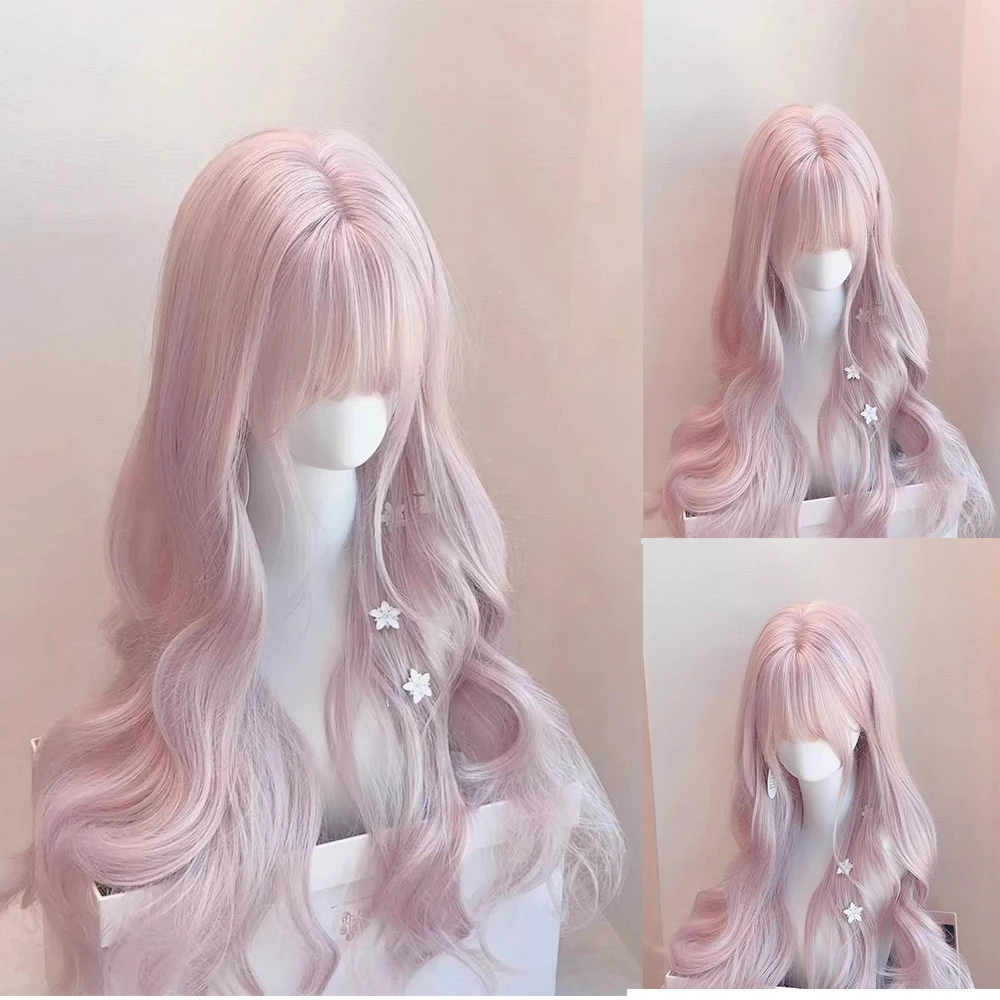

Pink Wavy Synthetic Wig with Bangs Natural Long Curly Hair Cosplay Lolita Layered Wig for Women Daily Use Wig Heat Resistant