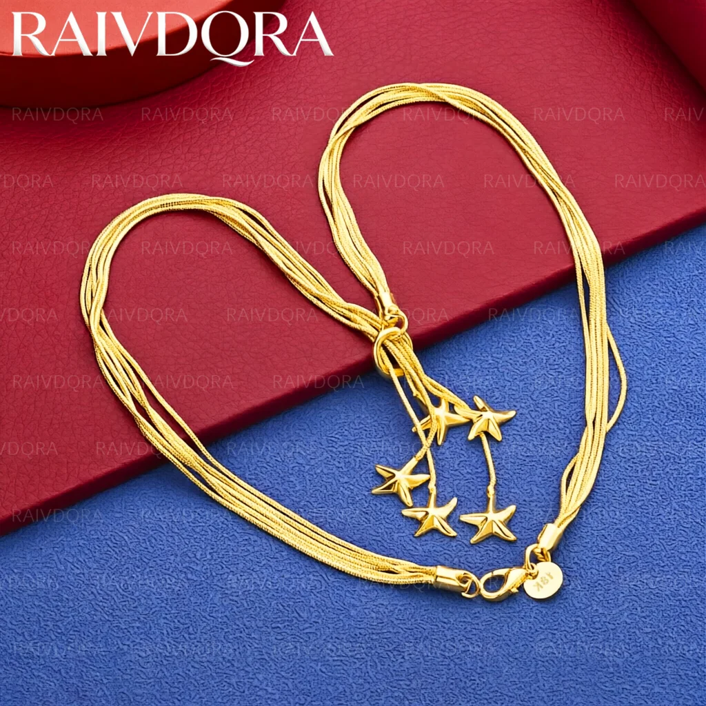 18K Gold Plated Five Starfish Multi Snake Chain Necklace For Women Fashion Jewelry Cute Grace Birthday Gift Party