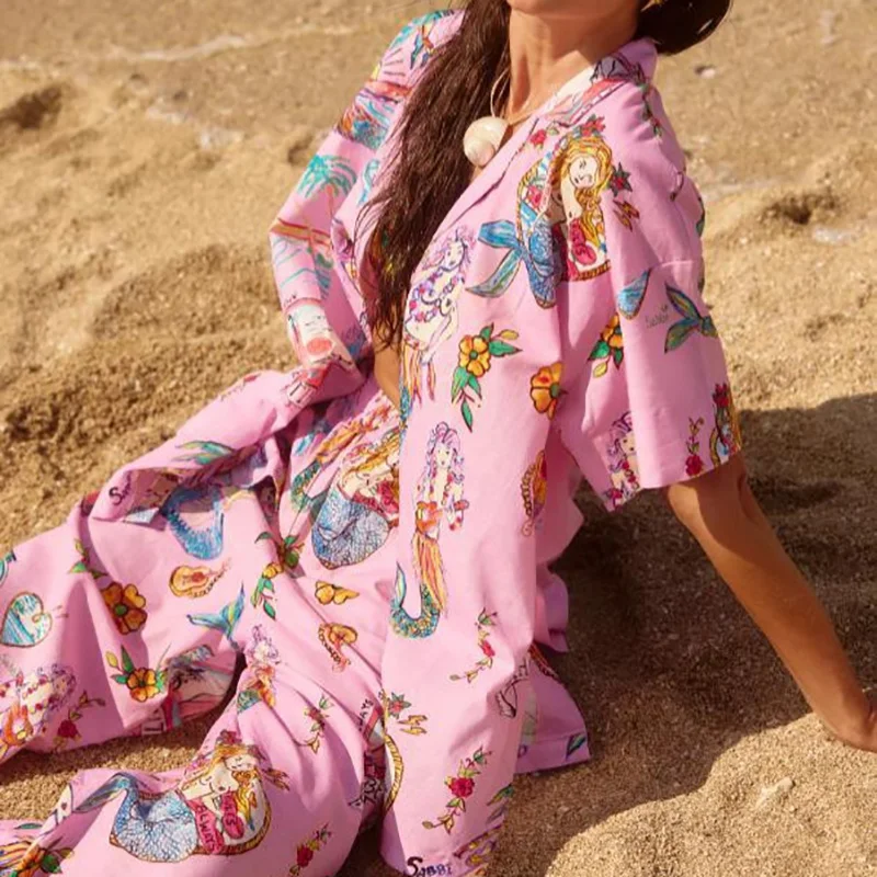 

New Short Sleeved Loose 2 Piece Set Mermaid Print Summer Vacation Outfit Fashion Women's Lapel Shirt & Wide Leg Pants Beach Suit