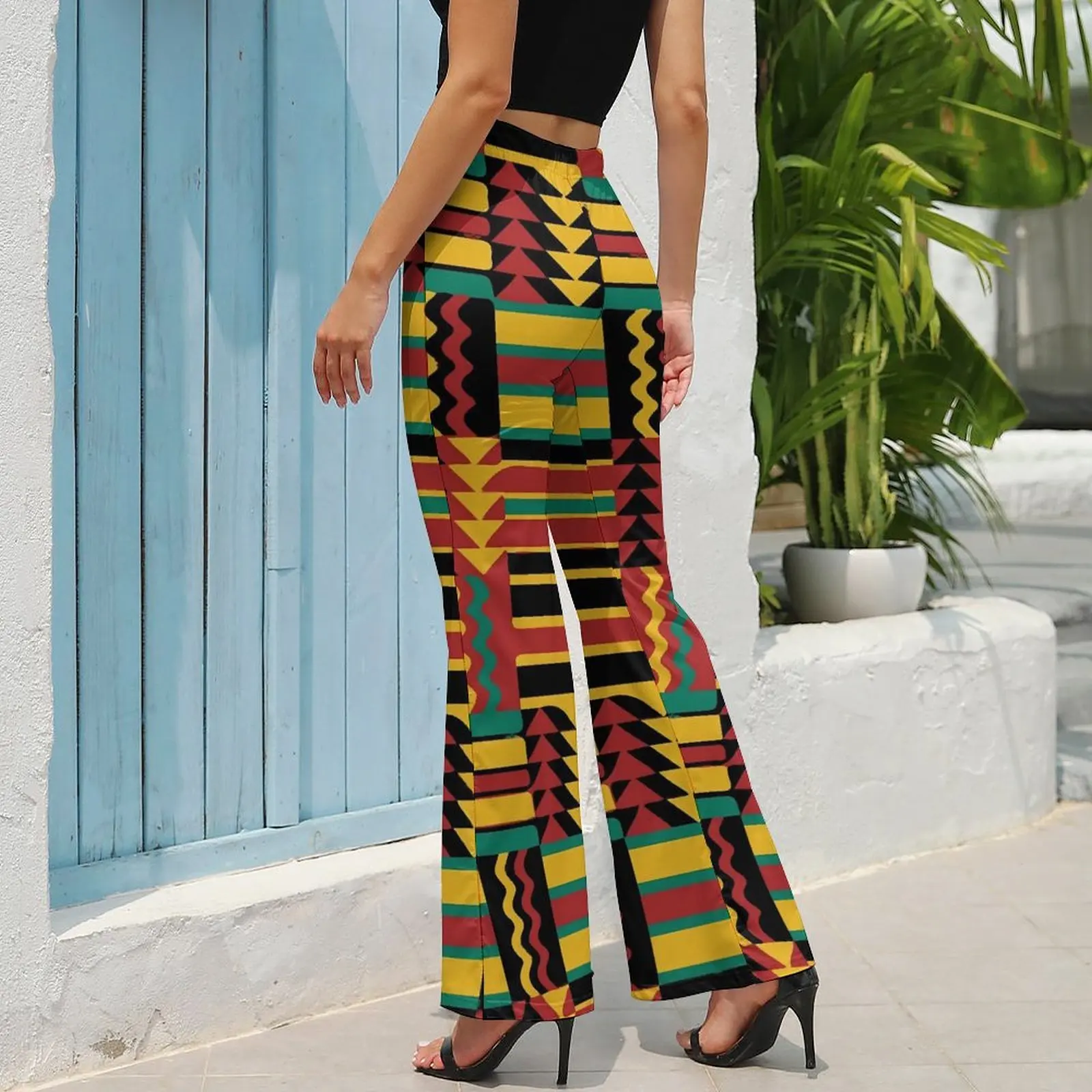 Kente Vintage Geometric Pants Elastic Waist Retro Rasta Colors Aesthetic Flared Pants Autumn Casual Custom Oversized Trousers