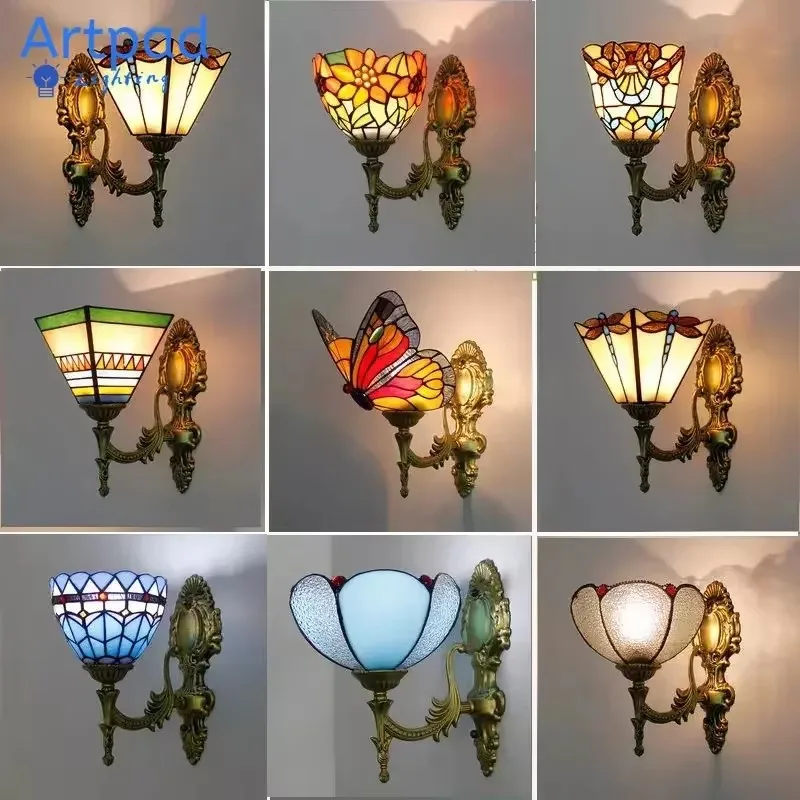 Nordic Stained Glass LED Wall Lamp Lampshade Batterfly Pyramid Art Bedside Study Asile Wall Mounted Lamp Up Or Down Lighting