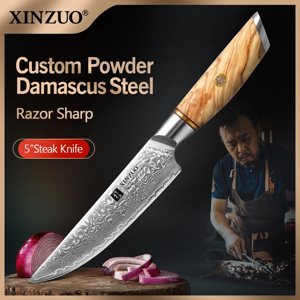 

XINZUO 5" inch Steak Kitchen Knife Set Japanese Damascus VG10 Steel Razor Sharp Blade Cut Lamb Chops Pork Wood Handle