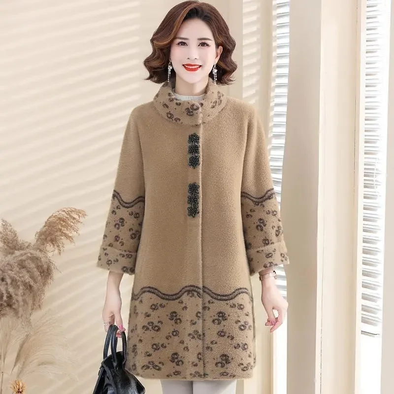 Mink Fleece Outcoat Women\'s Spring Autumn Winter New Mid To Old Age Mid Length Loose Fashionable Woolen Coat Noble H-shaped Top