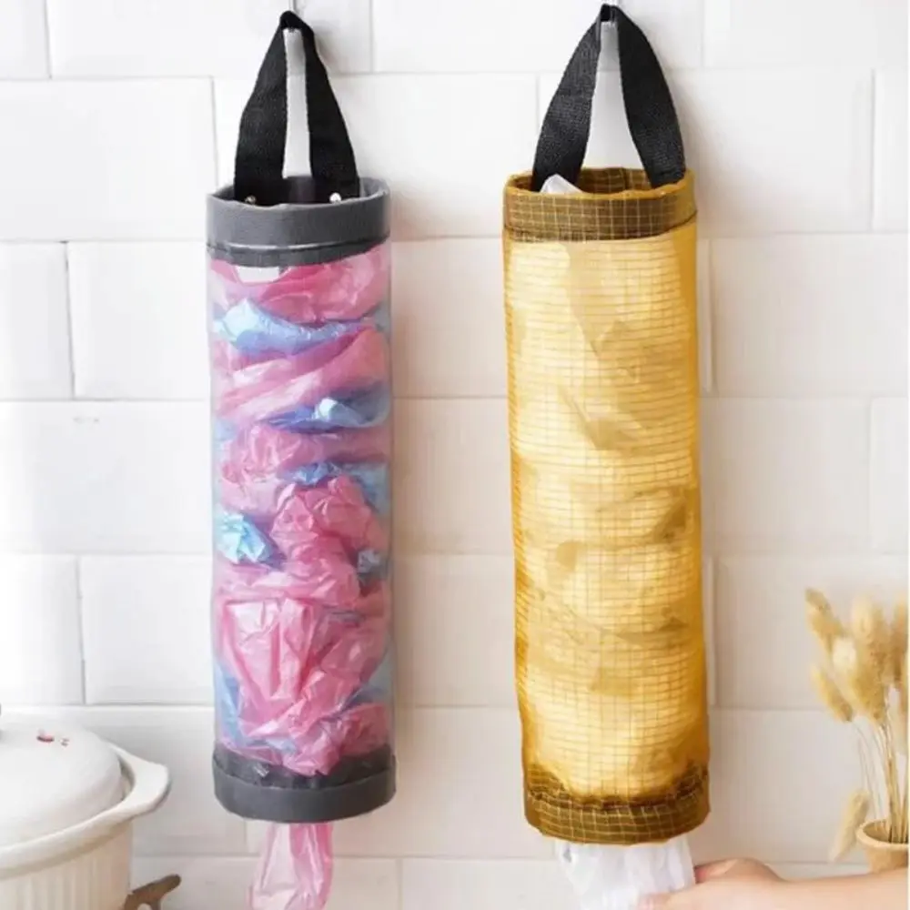 1pc Grey Sundries Bag Storage Wall Mount Mesh Plastic Bags Dispenser Hanging Reused Storage Pouch Trash Bags Kitchen Garbage Org