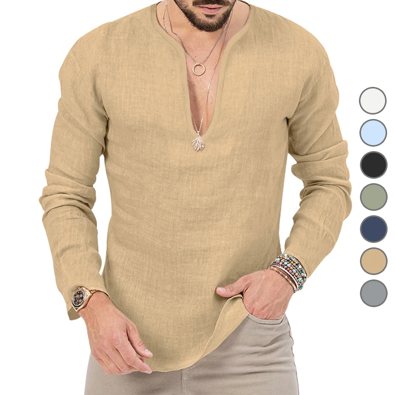 Men\'s Spring/Summer Large casual tropical cotton and linen deep V-neck solid color large sleeved T-shirt shirt