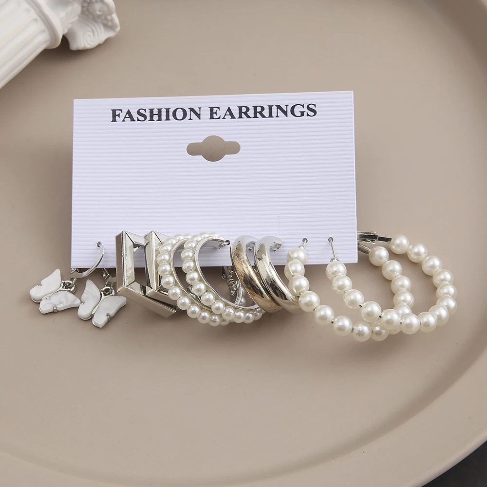Silver Color Butterfly Pearl Earrings Set For Women Girls Vintage Circle Geometric Resin Twist Hoop Earrings Trendy Jewelry Gift