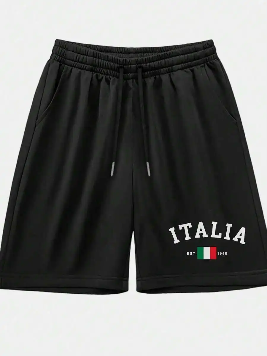 

Mens Black Italia Print Casual Shorts With Pockets And Drawstring