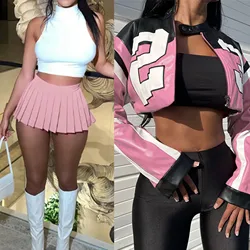 Fashion Women Pu Leather Crop Jacket Matching Mini Pleated Skirt Streetwear Lady 2 Piece Skirts Set