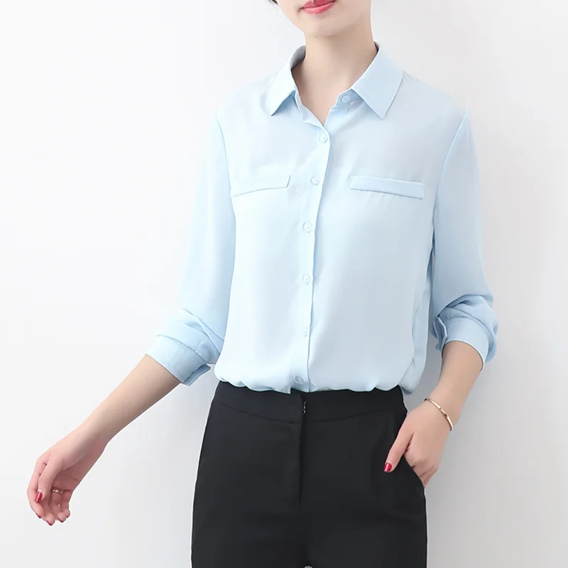 Simple Solid Color Loose Women\'s Chiffon Shirt 2023 Spring New Fine Long Sleeve Casual Blouses and Tops Lady OL Office Shirts