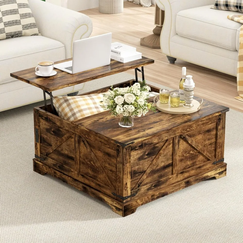 

Farmhouse Lift Top Coffee Table with Hidden Storage, 35.4" W Wood Square Center Table with Charging Station, Rustic Cocktail Tab