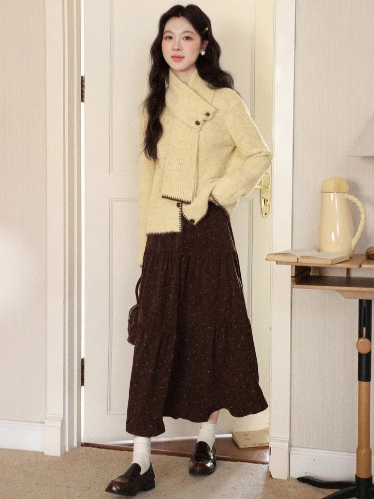 ALXNAN Vintage Spódnice w Grochy z Elastyczną Gumką w Pasie, Luźne Spódnice w Kształcie Litery A, Modne Spódnice Warstwowe, Kolekcja Jesień Zima 2025, Odzież Damska L59505