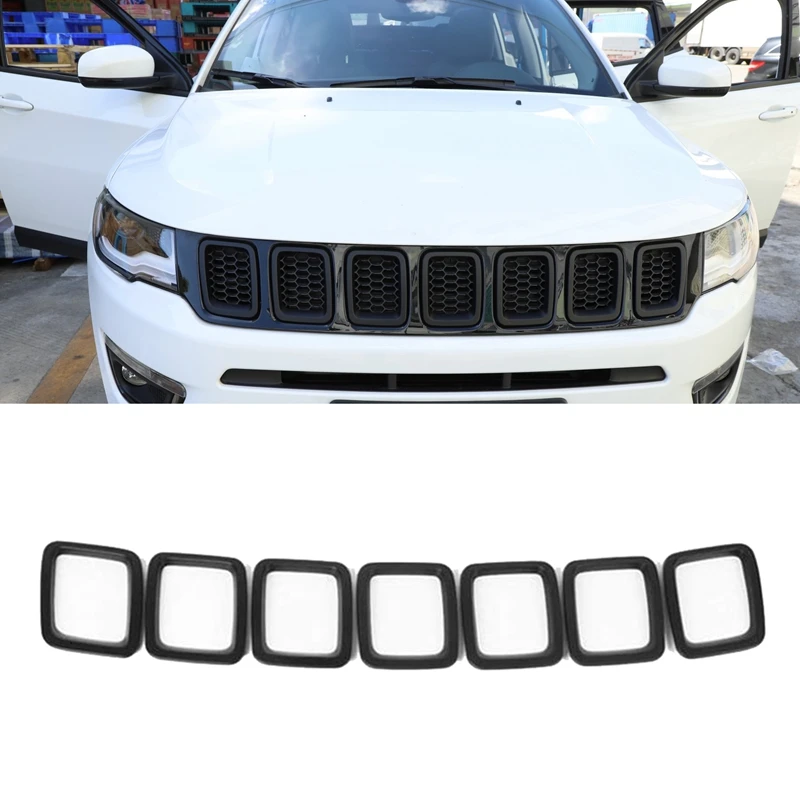 7PCS Car Front Grille Cover Grill Ring Inserts Frame Trims Kit For 2017 2018 2019 2020 Jeep Compass (Matte Black)