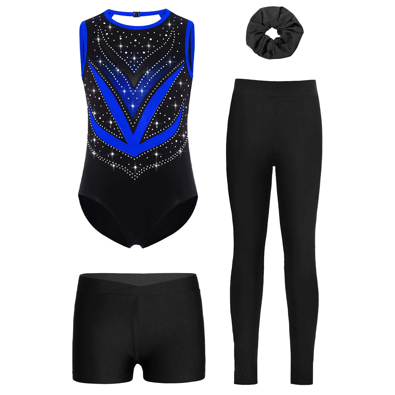 

4Pcs Girls Gymnastics Figure Skating Dance Leotard Metallic Shiny Rhinestones Crisscross Back Bodysuit+Shorts+Leggings+Headwear