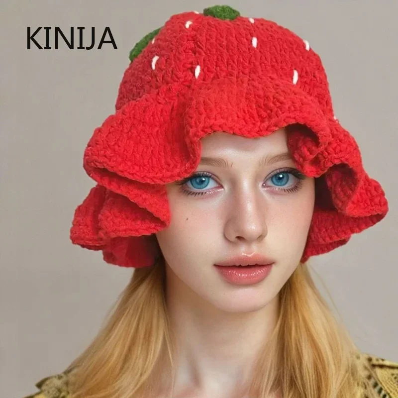 Cute Handmade Crochet Skull Hat Outdoor Women Strawberry Funny Knitted Hat Warm Bucket Caps Winter Ski Cap Lotus Leaf Edge Cap