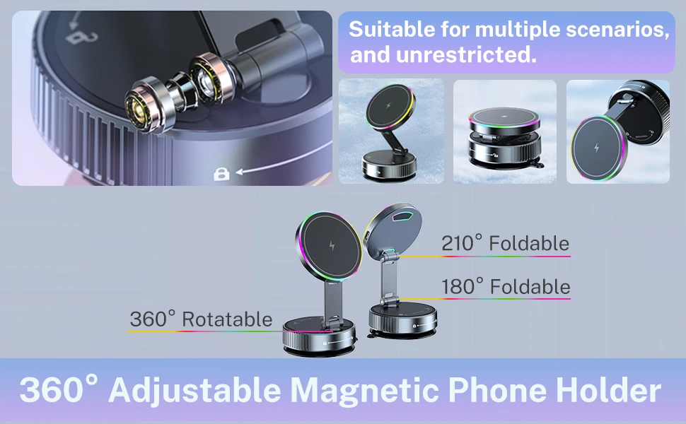 Kühlendes kabelloses Ladegerät, Autotelefonhalter mit atmender RGB-Licht, magnetische Saug-Handyhalterung für iPhone 12/13/14/15/16 – Detail 6