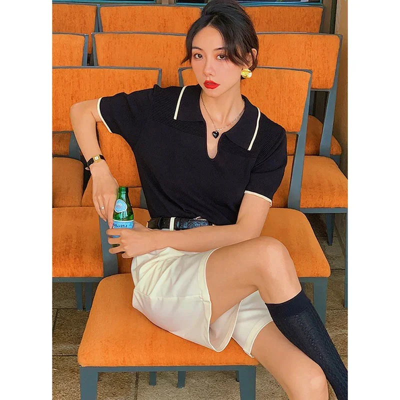 

Женский укороченный топ из ледяного шелка с воротником поло во французском стиле, с коротким рукавом, повседневный летний топ