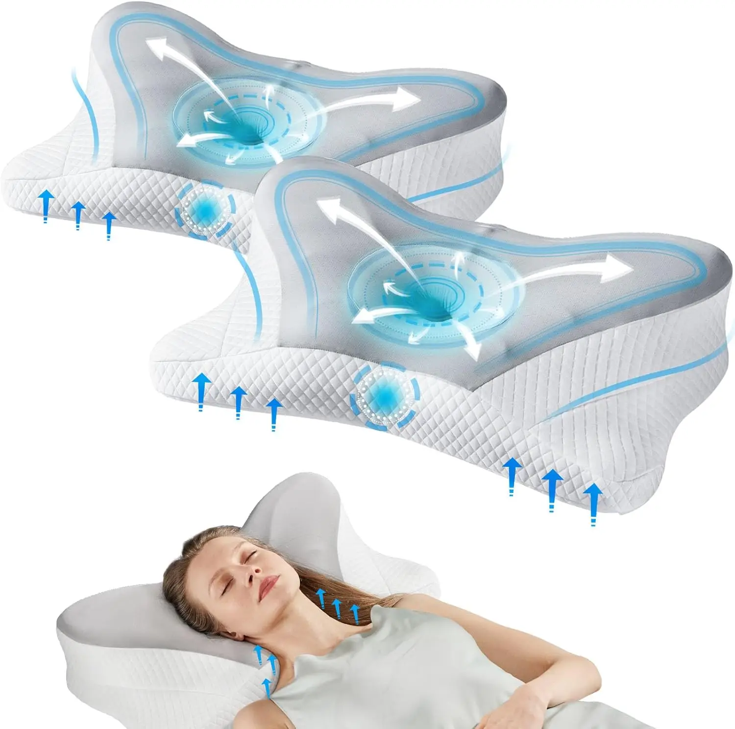 

Cooling Memory Foam Cervical Pillow Set of 2 with Ice Silk Case, Ergonomic Support for All Sleepers, Grey