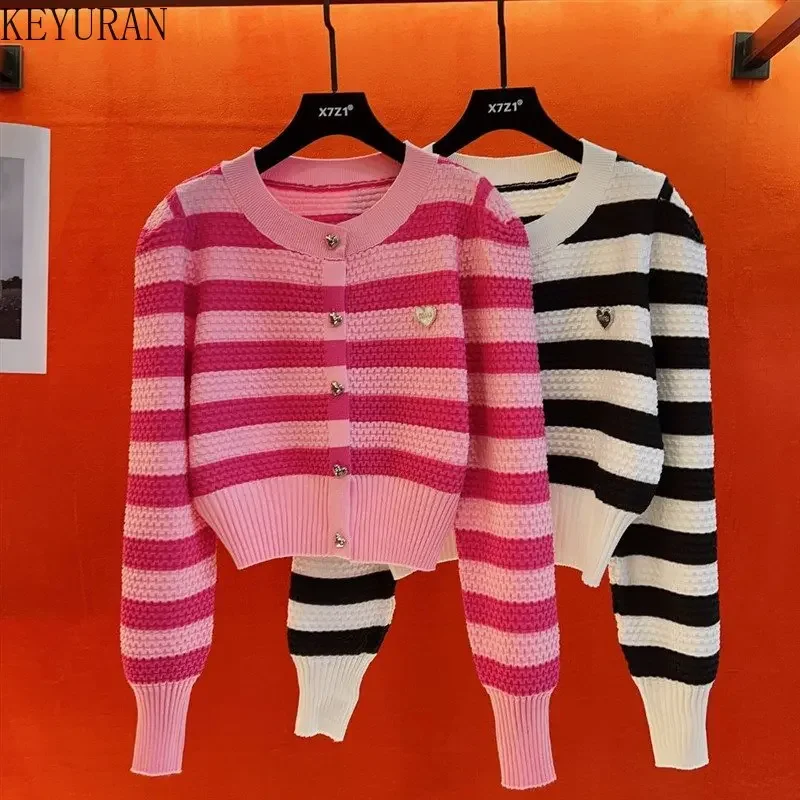 NMZM Spring Pink Knitted Cardigan Women's Korean Fashion Casual V-neck Long sleeved Black and White Striped Sweater Sweater Knit