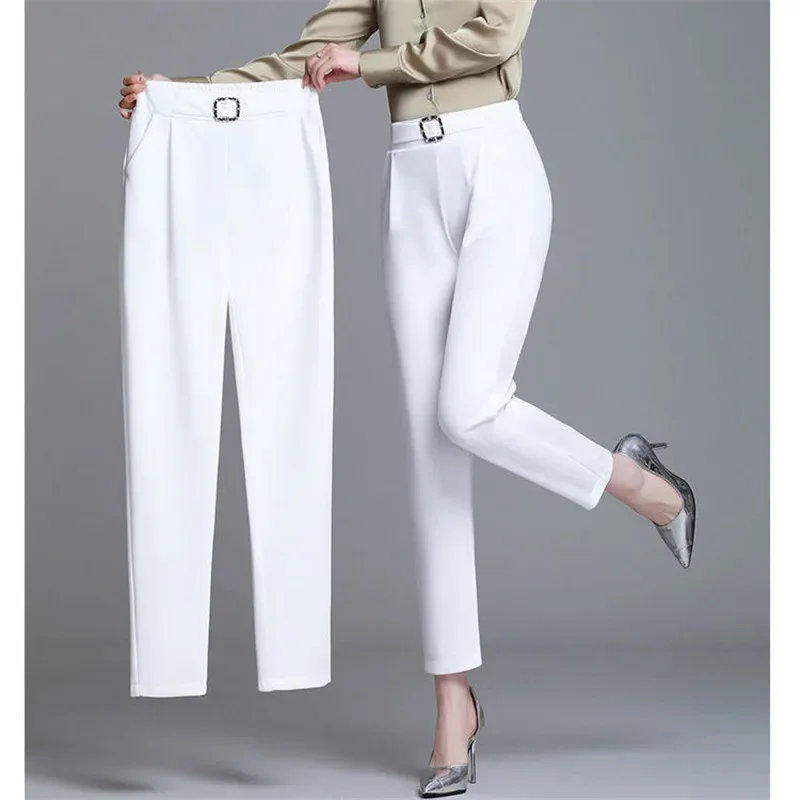 

White Pants Women Elastic High-waisted Haren Pants Fashion Wild Professional Suit Pants Office Ladies Trousers Black Khaki Z931