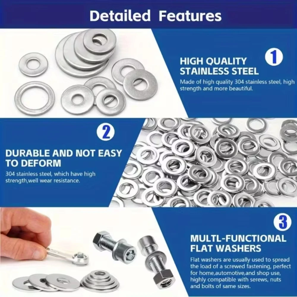 200pcs Stainless Steel Flat Washers Set (M2-M12) – Home DIY, Industrial Repair, Kitchen Decoration & Outdoor Maintenance