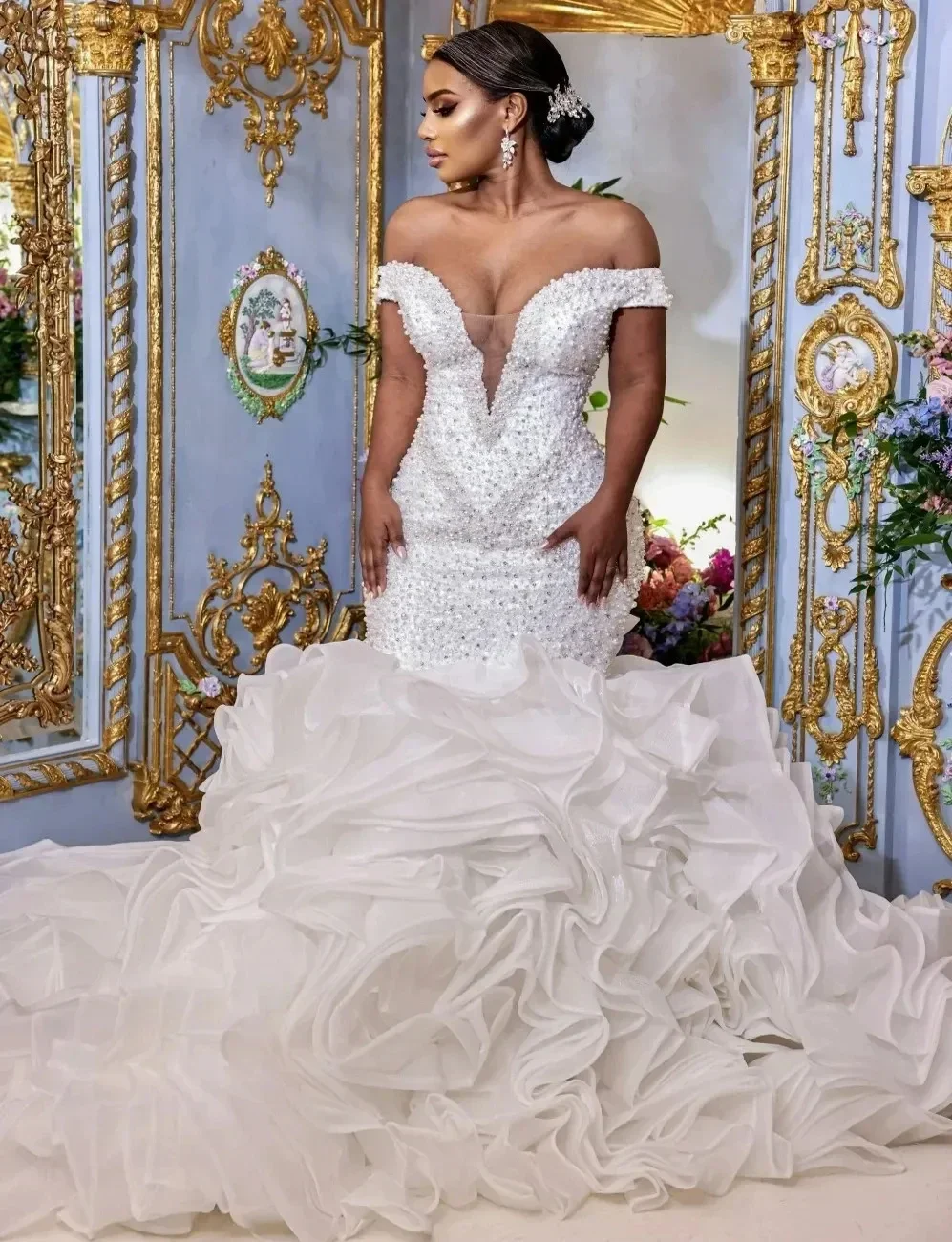 Customized Off the Shoulder Spark Beads Crystals  Mermaid Wedding Dress Organza Cascading Ruffles Arabic Aso Ebi  Bridal Gowns
