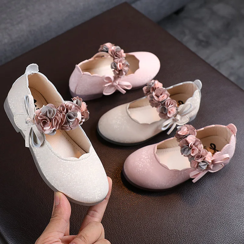 Toddlers Girls Shoes Kids Flats Princess With Flowers Bow-knot Soft Glitter Leather Children\'s Party Wedding Shoes Floral 22-31