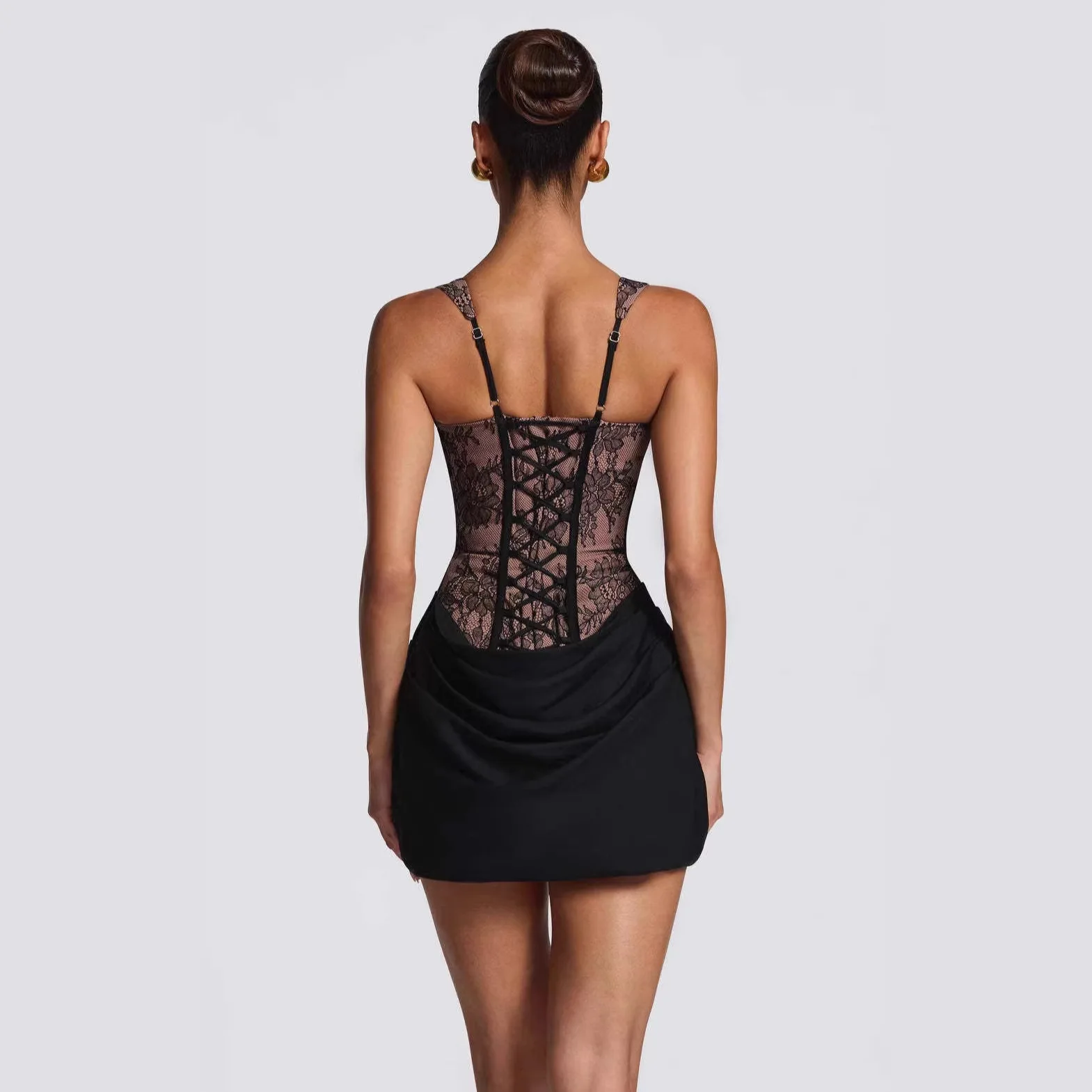 Floral Pattern Sexy Lace Patchwork Mini Dress Sleeveless Backless High Waist Pleated Strap Slim Fit Summer 2026 New Robe