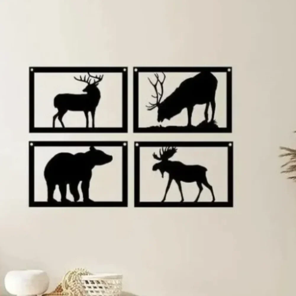 CIFBUY 4-Piece Bear Elk Deer Moose Metal Wall Art Iron Hanging Sculpture Rustic Home Living Room Bedroom Decor Ornament Gift