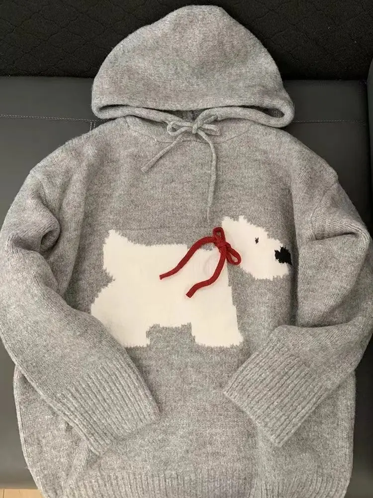 Pulôveres com capuz impressão de cachorro suéteres de malha outono inverno quente concurso solto casual slouchy projetado estilo coreano moda nova