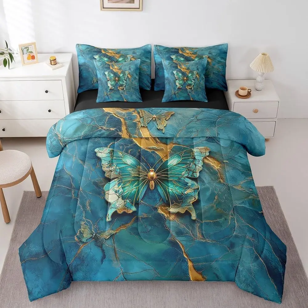 

Reversible Boho King Bedding Set: Teal and Gold Marble Comforter with Gradient Abstract Design, Includes Sheet Set, Pillowcases,